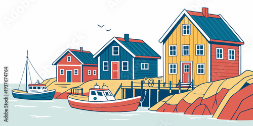 Colorful houses and boats by the waterfront Vector