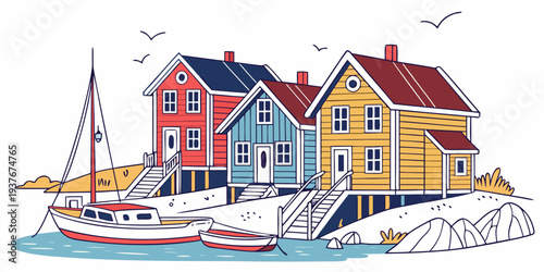 Colorful houses by the waterfront with a boat Vector