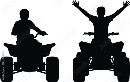 ATV Rider Silhouette with Quad Bike Front View and Raised Arms Isolated for Adventure, Off Road, and Motorsport Design
