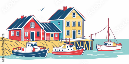 A colorful illustration of a coastal village with boats Vector