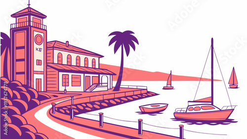 A purple and orange image of a building and boats Vector