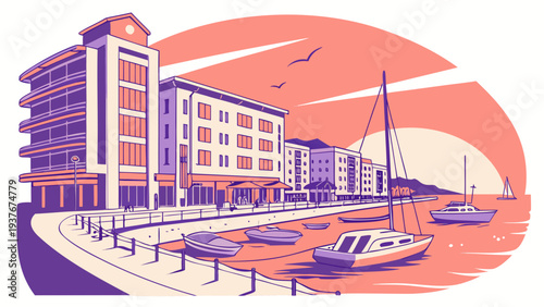 A purple and orange image of a city by the water Vector