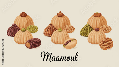 Traditional maamoul cookies and nuts on beige background shortbread like pastry filled with dates or nuts middle eastern sweets