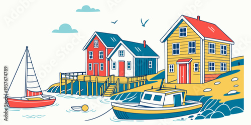 Colorful houses and boats by the waterfront Vector