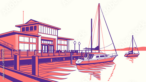 A red and blue image of a dock with boats Vector