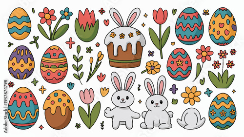 Colorful easter eggs flowers bunnies and cake illustrations for holiday decoration and celebration