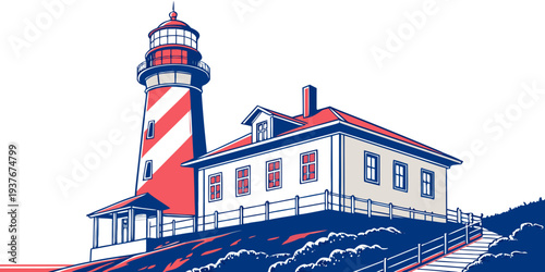 A red and white lighthouse on a rocky coastline Vector