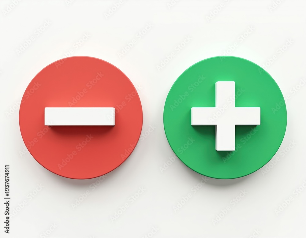 Obraz premium Red circle with white minus sign and green circle with white plus sign. Simple choice selection interface elements. Conceptual buttons for user choice.