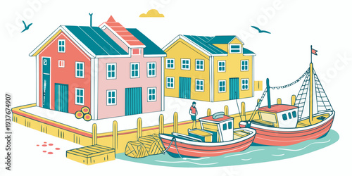 A colorful illustration of a harbor with buildings and a boat Vector