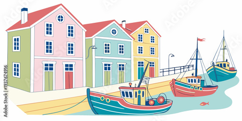 A colorful illustration of a seaside village with boats Vector