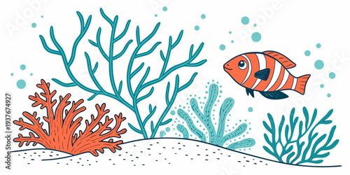 A colorful fish swims near coral and seaweed Vector