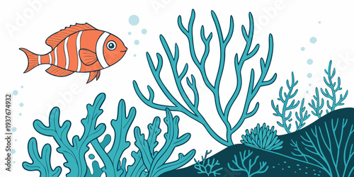 A fish swims near coral reef Vector