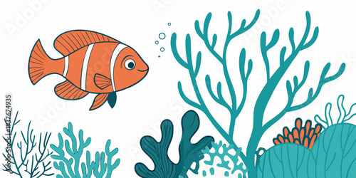 An orange fish swims near coral and seaweed underwater Vector