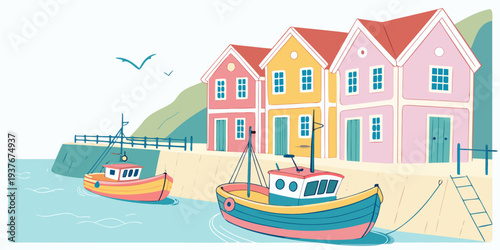 A colorful illustration of boats by the seaside houses Vector