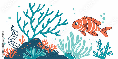 A colorful fish swims near coral and seaweed underwater Vector