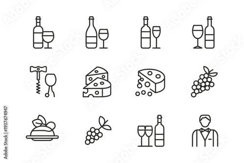 Wine icon set with bottles, glasses, cheese, and grapes illustrations