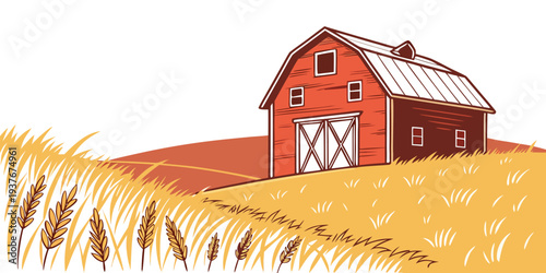 A red barn sits in a field of golden wheat Vector