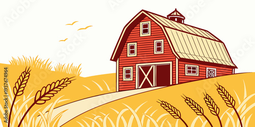 A red barn in a field of golden wheat Vector