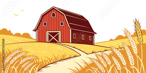 A red barn sitting in a field of wheat Vector