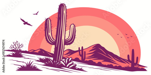 A desert landscape with a cactus and a sunset Vector