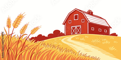 A red barn on a hill with a dirt road Vector
