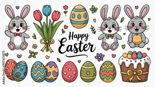 Easter celebration with colorful eggs bunnies and cake on white background festive holiday decorations