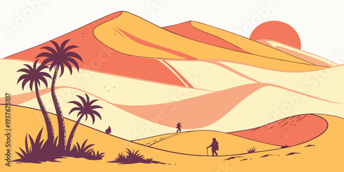 A serene desert landscape with palm trees and a sunset Vector