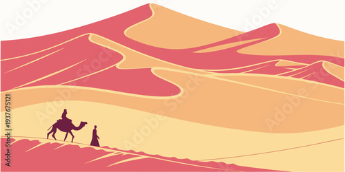 A person riding a camel through a desert landscape Vector