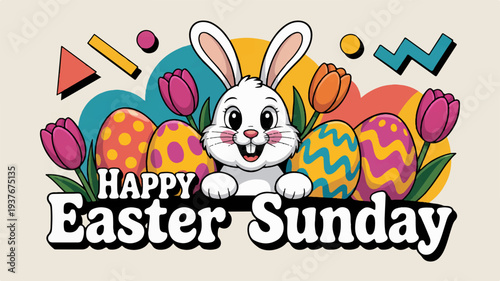 Happy easter sunday bunny with colorful eggs and tulips on festive background