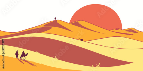 A desert landscape with a sun setting over the dunes Vector