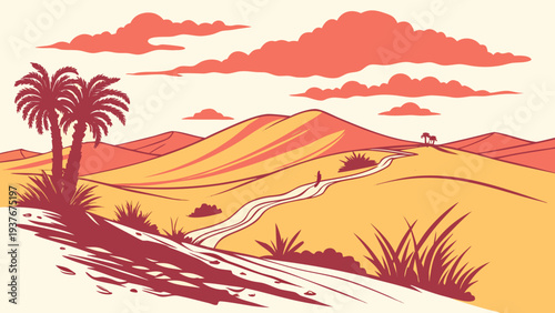 A desert landscape with a road and palm trees Vector