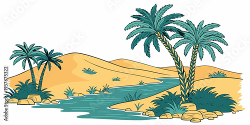 A serene desert oasis with palm trees and a winding stream Vector