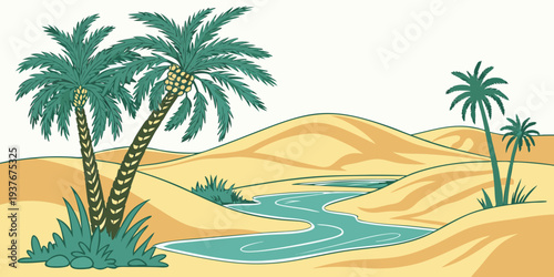 A serene desert oasis with a stream and palm trees Vector