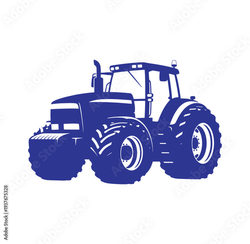 blue tractor with large wheels and a cab on white background
