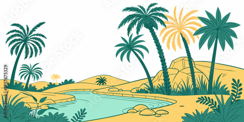 A serene tropical landscape with palm trees and a body of water Vector