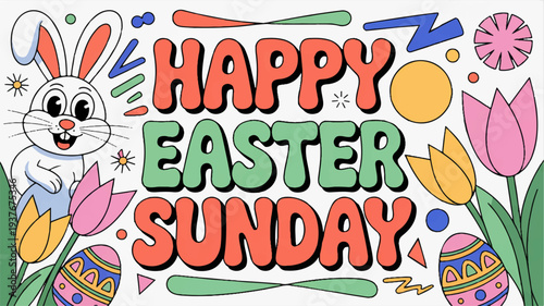 Happy easter sunday illustration with cartoon bunny tulips and easter eggs in bright colors and playful design