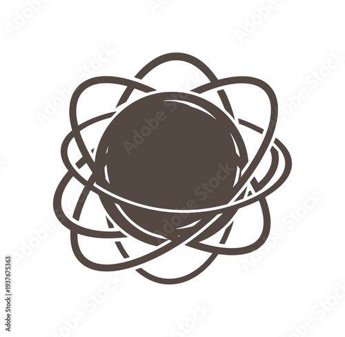 Brown atom symbol with orbiting lines around a circle  science and chemistry concept