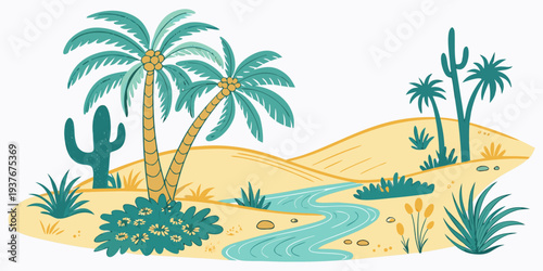 A desert oasis with palm trees and a stream Vector