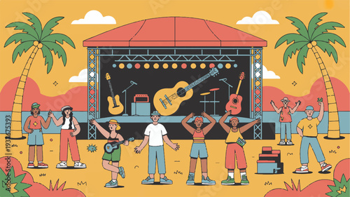 People dancing at outdoor music festival with stage and palm trees vibrant summer scene