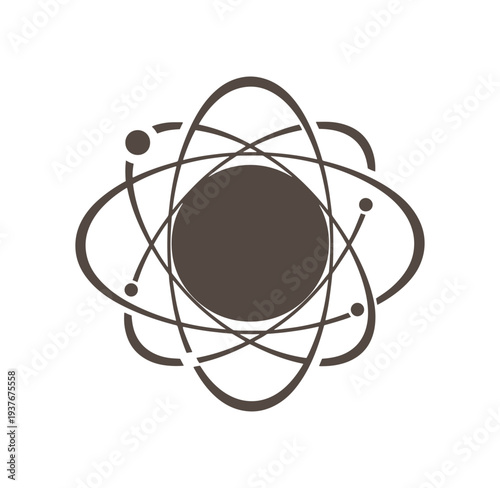Brown atom symbol with orbiting particles and central nucleus  science and chemistry concept
