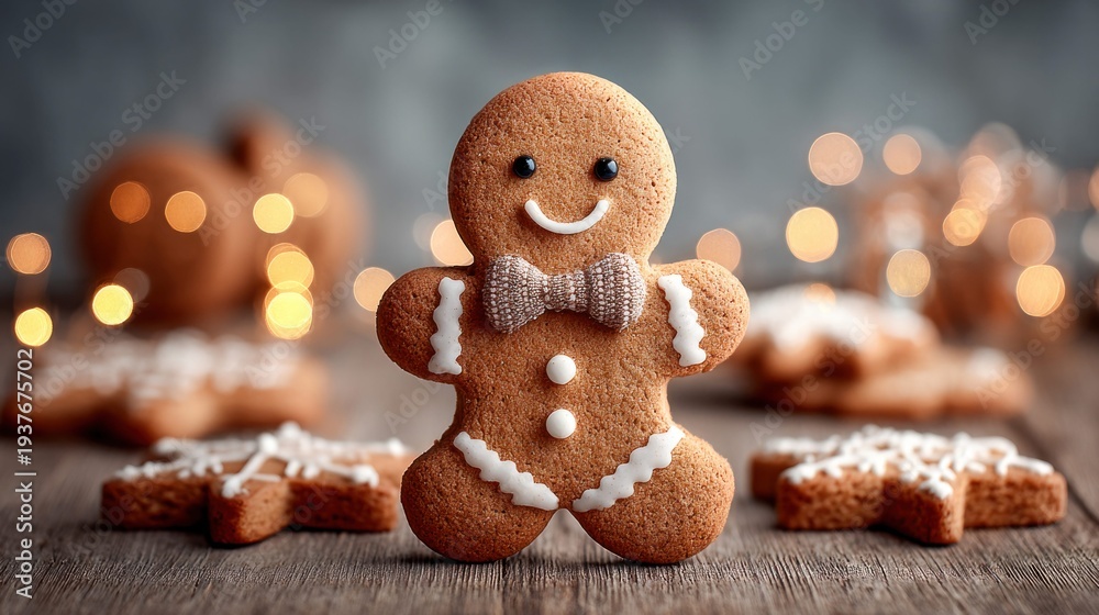 Obraz premium Festive gingerbread man cookie with bow tie and festive bokeh lights in background