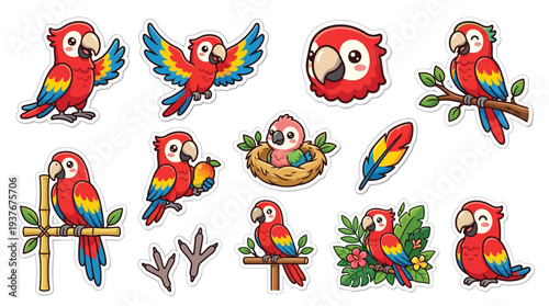 A vibrant collection of cartoon macaws, showcasing their colorful plumage and playful nature in various poses and settings.