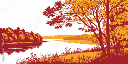 A serene lake scene with trees in autumn colors Vector
