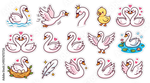 A charming collection of cute cartoon swan illustrations, featuring various poses and adorable details like hearts and crowns, alongside a little yellow duckling.