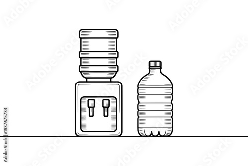 A water cooler and a plastic bottle on a clean desk