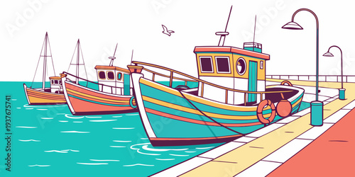 Boats are moored at a colorful dock by the sea Vector