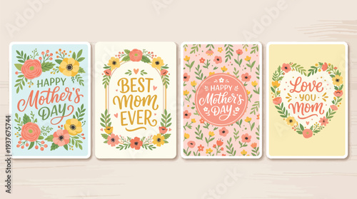 Collection of four charming Mother's Day greeting cards featuring floral designs and heartfelt messages.
