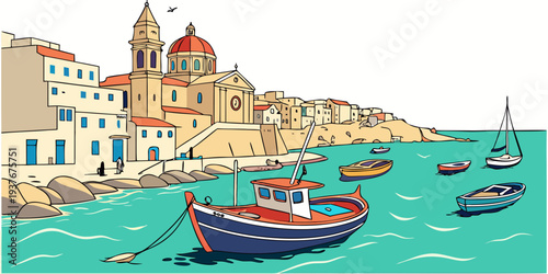 A small fishing boat in a picturesque coastal town Vector
