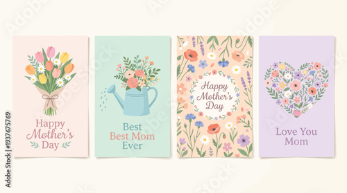 Collection of four charming Mother's Day greeting cards featuring floral illustrations and heartfelt messages.