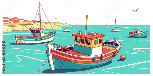 A colorful boat sitting on turquoise water with other boats Vector